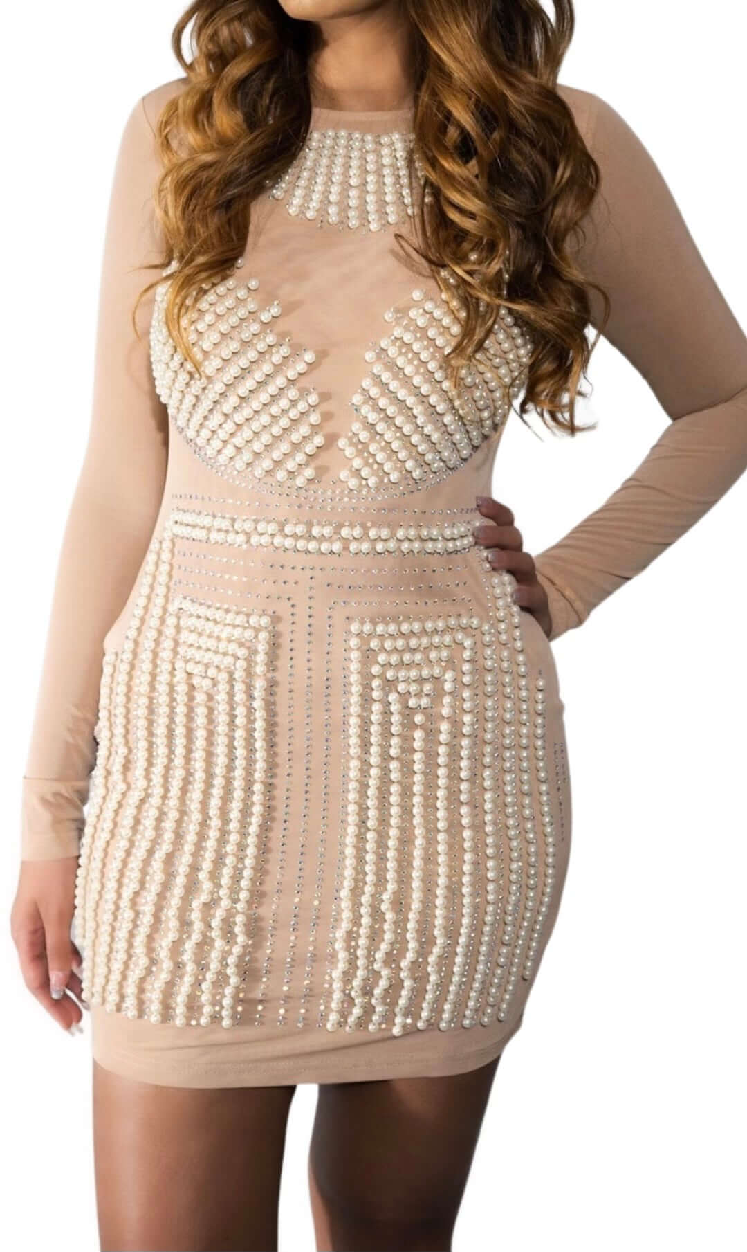 Elegant nude mini dress adorned with pearls and stones, perfect for parties and vacations, flattering silhouette.